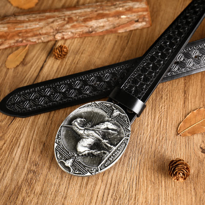 Cinturón de cuero con hebilla geométrica y diseño de caballo para hombre
