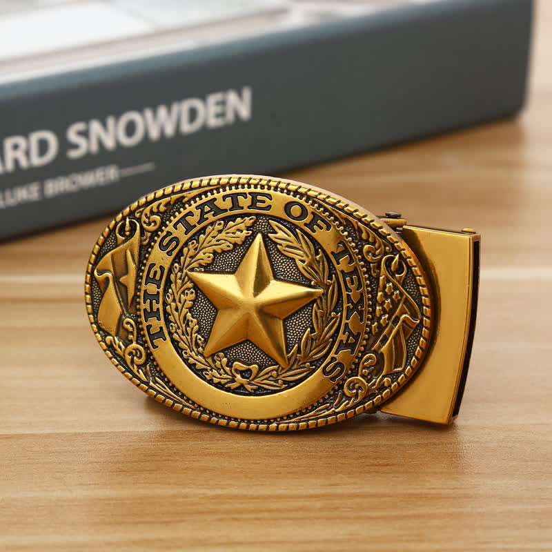 Cinturón de cuero con hebilla automática con pentagrama de Texas para hombre, hecho a mano