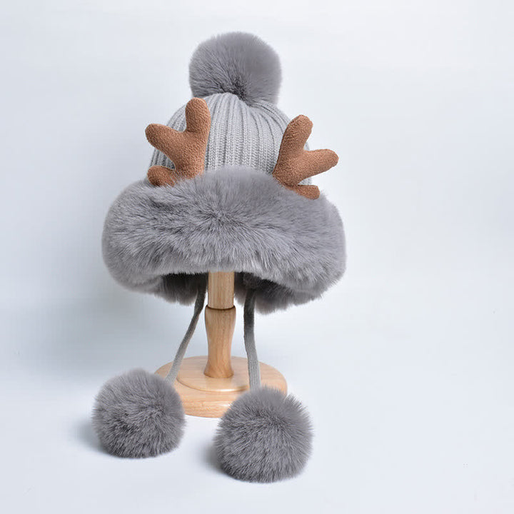 Gorro de punto con pompón de cuerno de ciervo para mujer