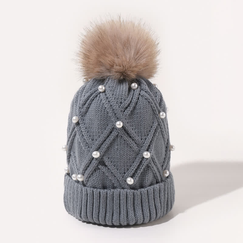 Gorro de punto elástico con pompones y perlas para mujer
