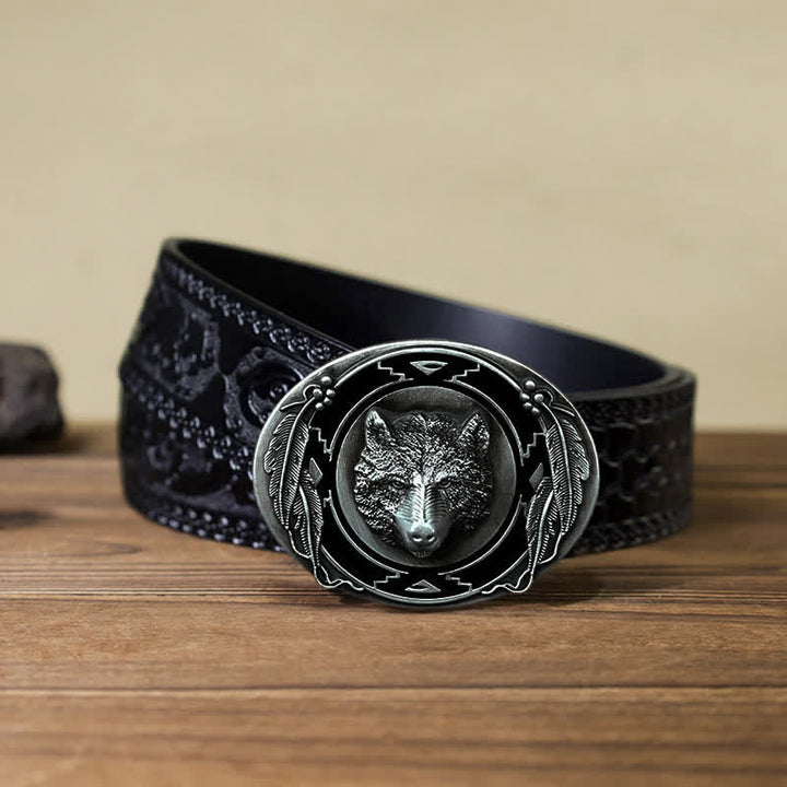 Cinturón de cuero con hebilla de cabeza de lobo vívida para hombre, hecho a mano