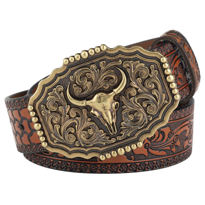 Cinturón clásico de cuero con calavera de toro y flores para hombre