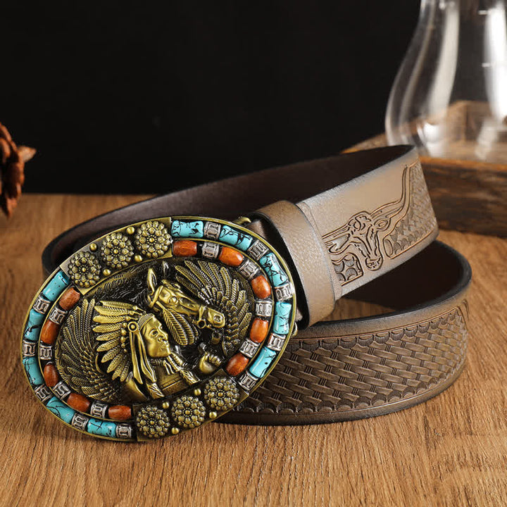 Cinturón de cuero turquesa con diseño bohemio indio para hombre