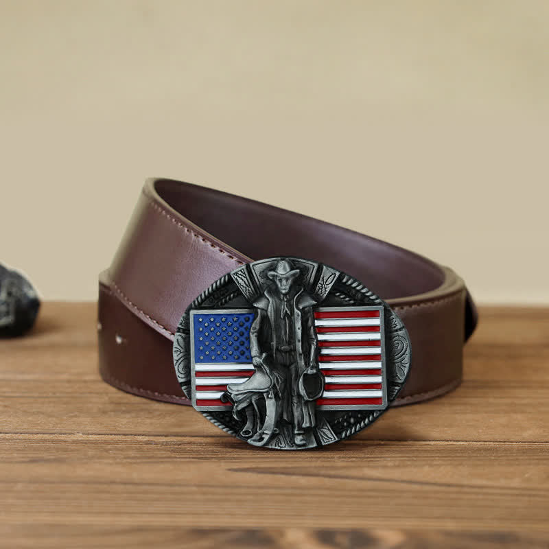 Cinturón de cuero con hebilla de vaquero con bandera estadounidense para hombre, hecho a mano
