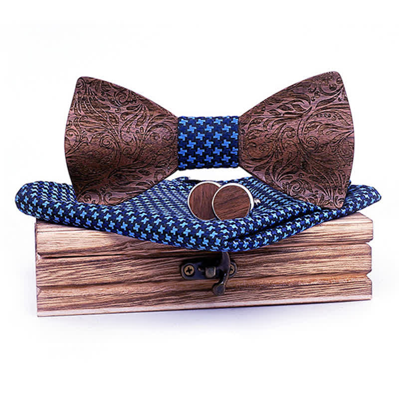 Juego de 3 pajaritas de madera con estampado de cachemira y nogal negro para hombre