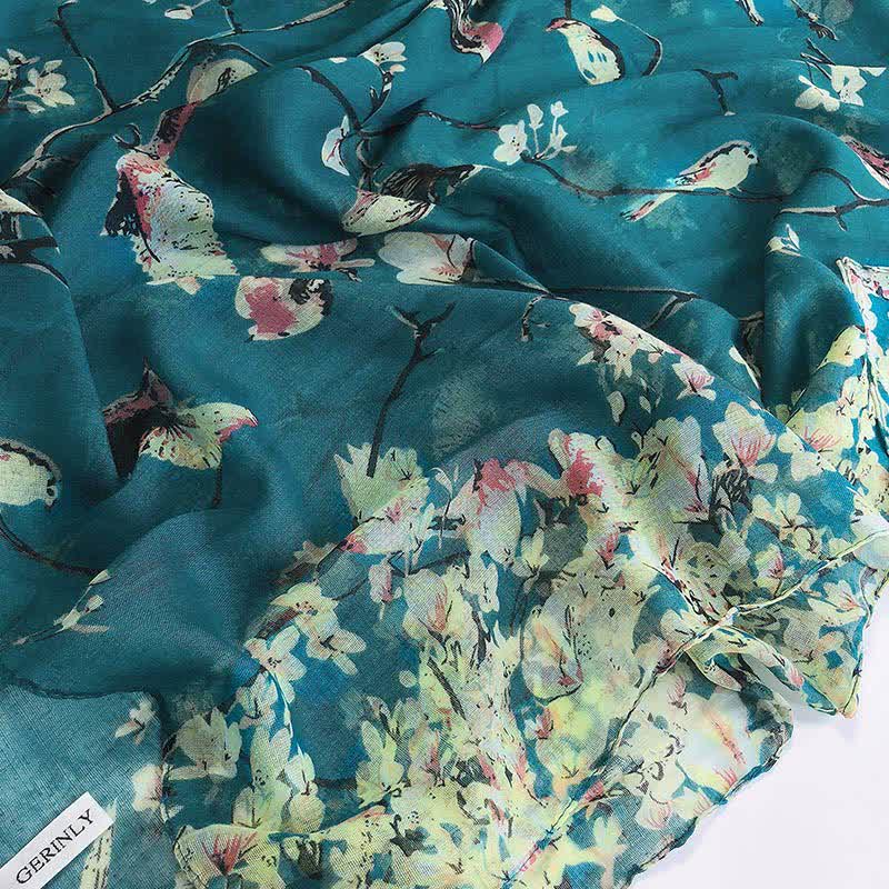 Bufanda ligera con estampado de pájaros y flores para mujer