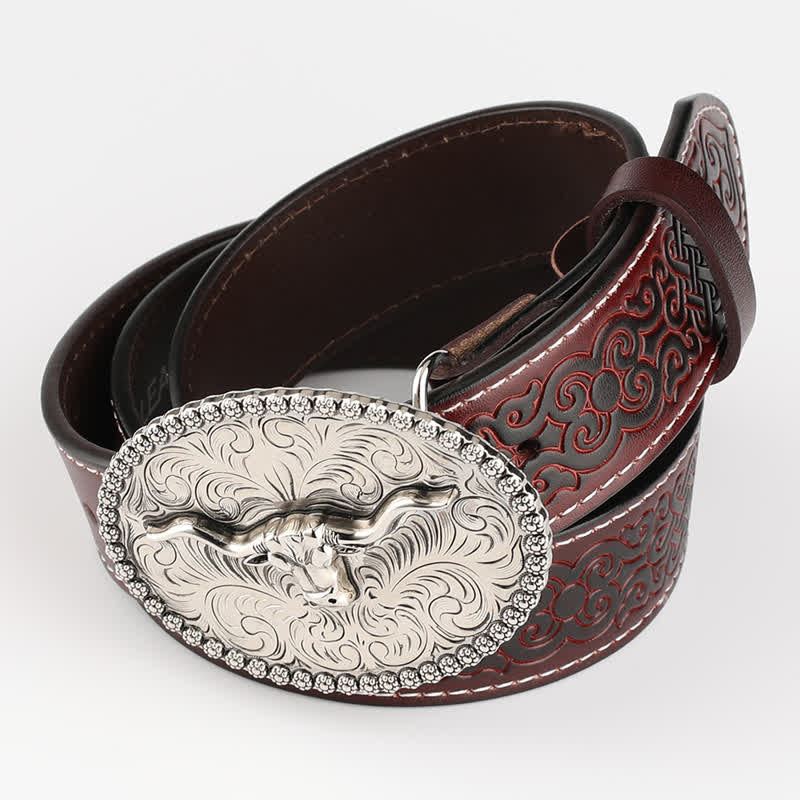 Cinturón de cuero para jeans con pluma grabada de toro para hombre