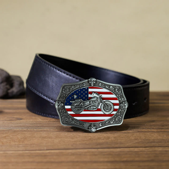 Cinturón de cuero con hebilla de calavera y bandera de EE. UU. para hombre, hecho a mano, con diseño de motocicleta