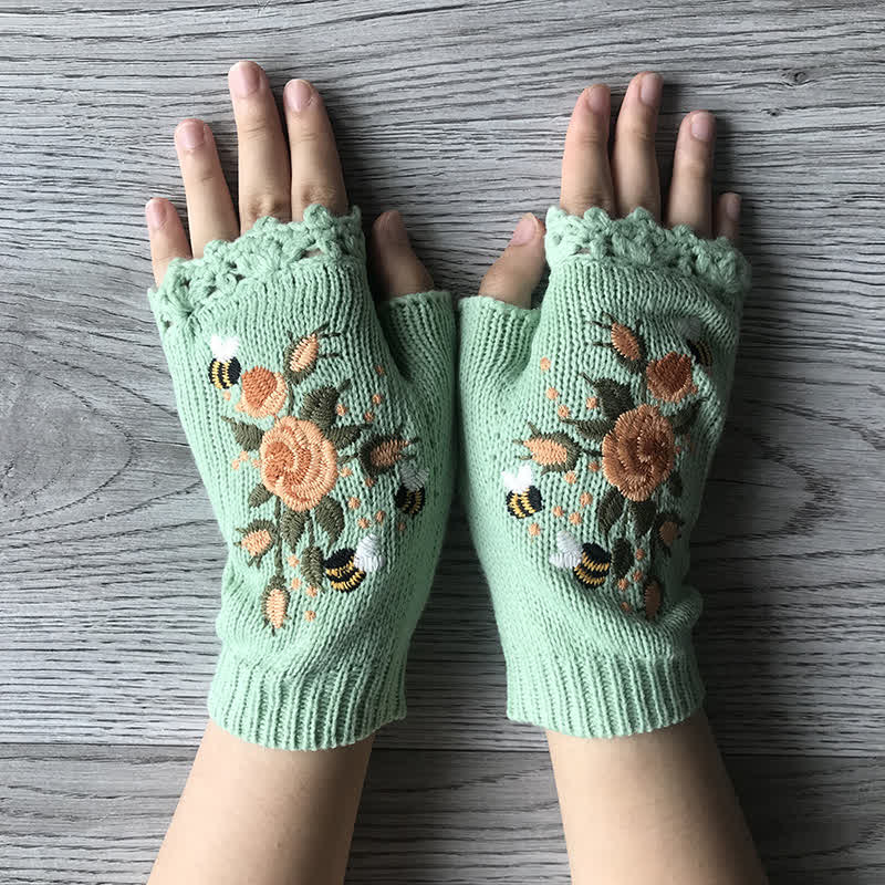Guantes de punto de medio dedo con bordado de flores para mujer