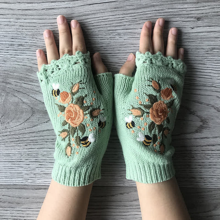 Guantes de punto de medio dedo con bordado de flores para mujer