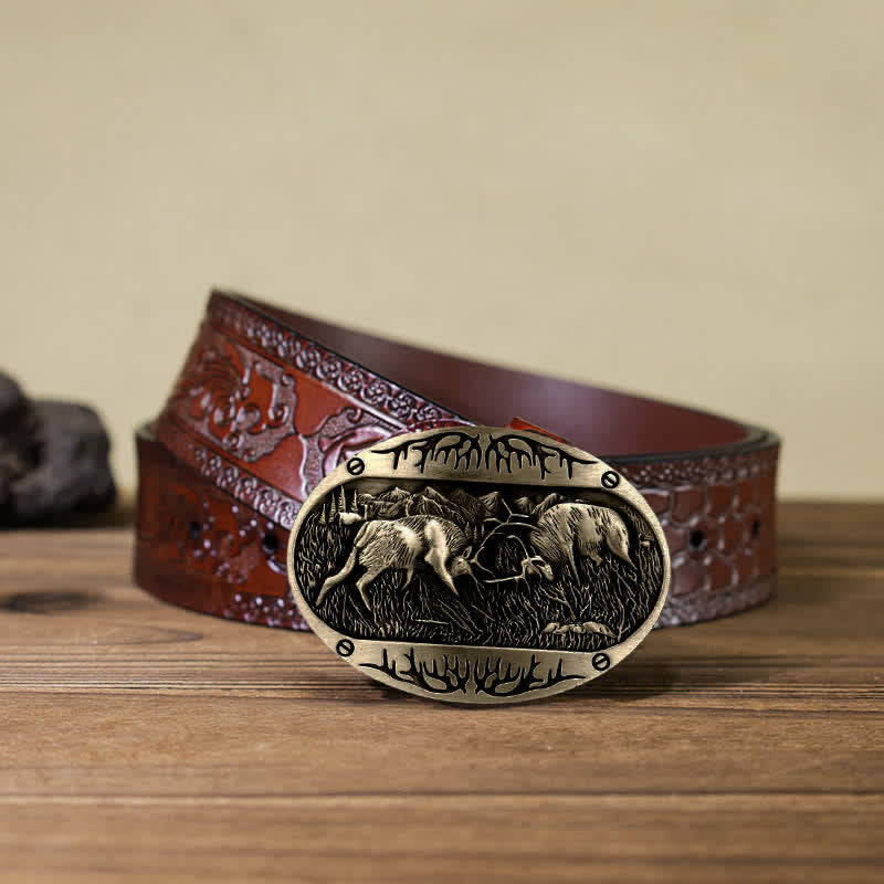 Cinturón de cuero estilo western con hebilla de ciervo salvaje para hombre, hecho a mano