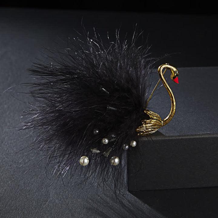 Broche de plumas de cisne de peluche blanco y negro para mujer