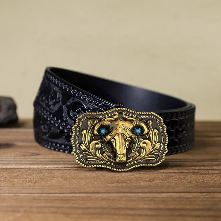 Cinturón de cuero con hebilla turquesa y calavera de cabra para hombre hecho a mano