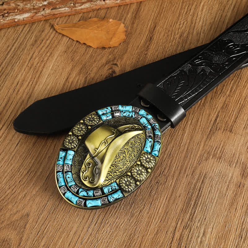 Cinturón de cuero con decoración turquesa y sombrero de vaquero dorado para hombre