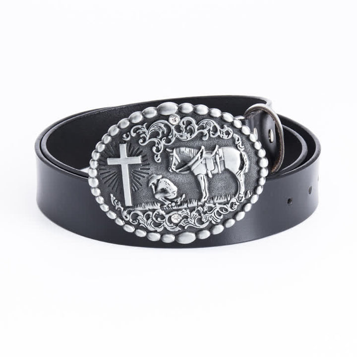 Cinturón de cuero con cruz de corcel para oración arrodillada para hombre