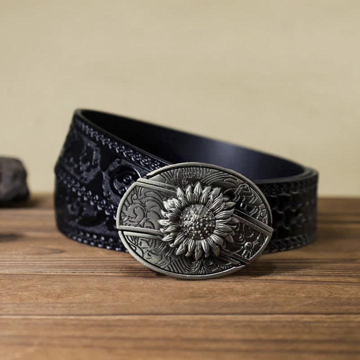 Cinturón de cuero con cuchillo plegable oculto de girasol para hombre