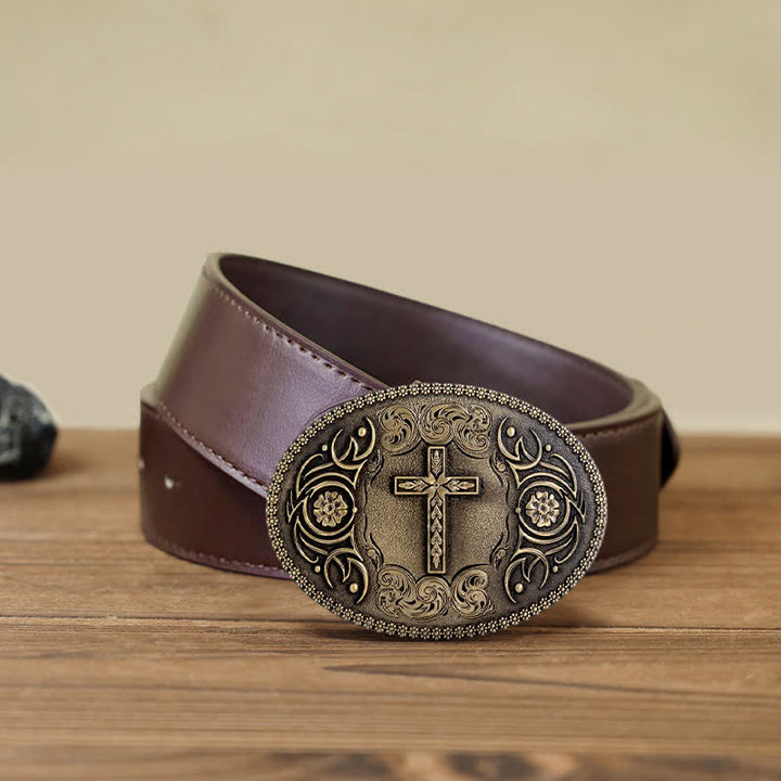 Cinturón de cuero con hebilla floral y cruz de fe para hombre, hecho a mano