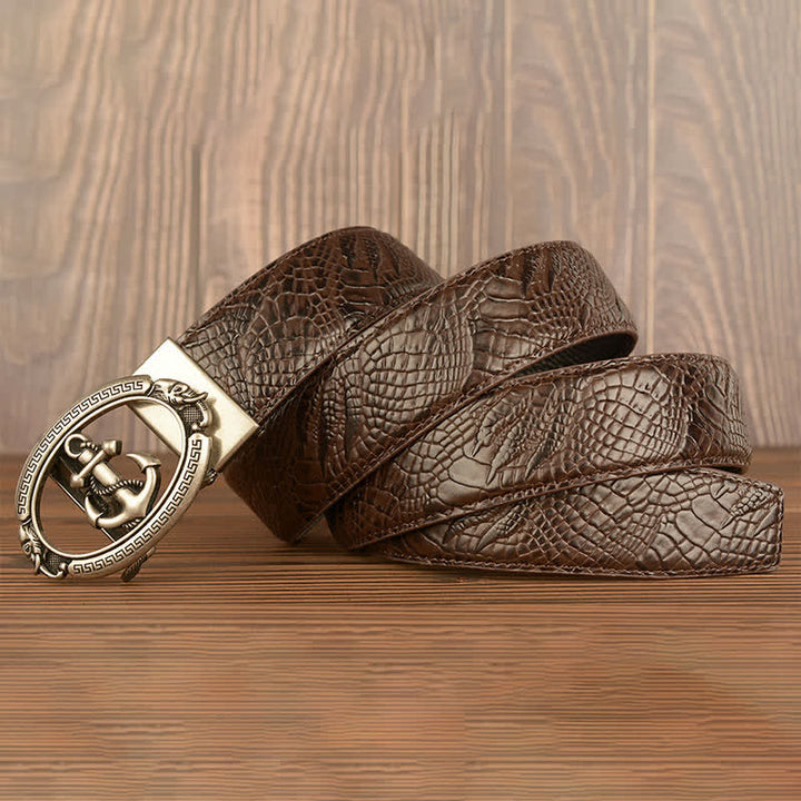 Cinturón de piel con estampado de cocodrilo y ancla náutica para hombre