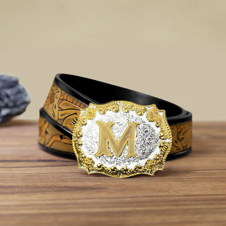 Cinturón de cuero con hebilla con letras iniciales doradas para hombre hecho a mano