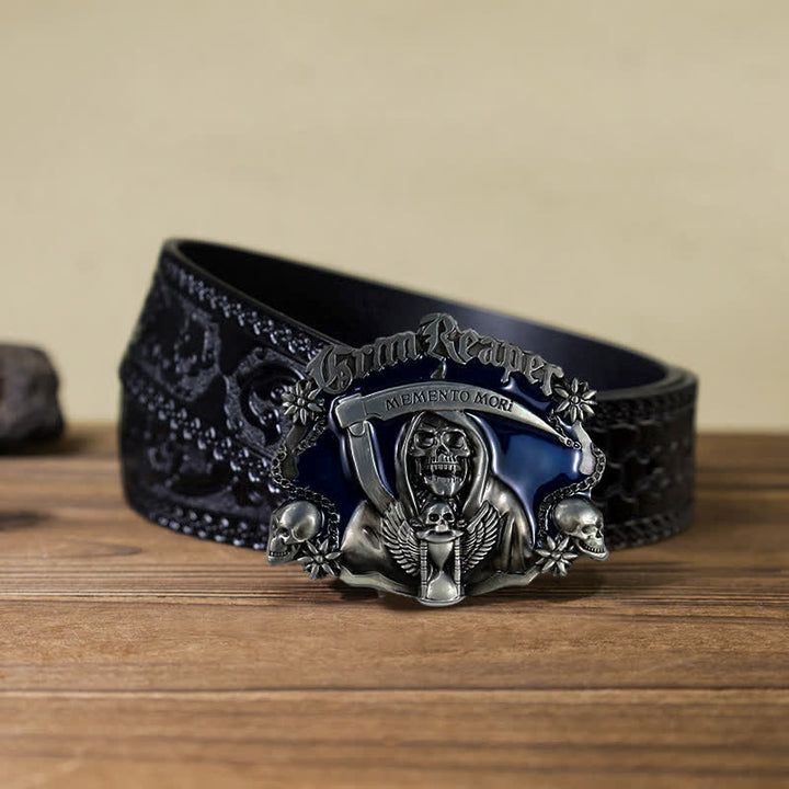 Cinturón de cuero con hebilla de calavera de la muerte para hombre, hecho a mano