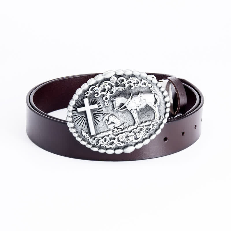 Cinturón de cuero con cruz de corcel para oración arrodillada para hombre