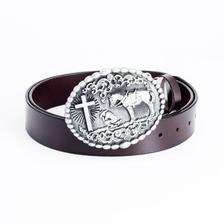 Cinturón de cuero con cruz de corcel para oración arrodillada para hombre