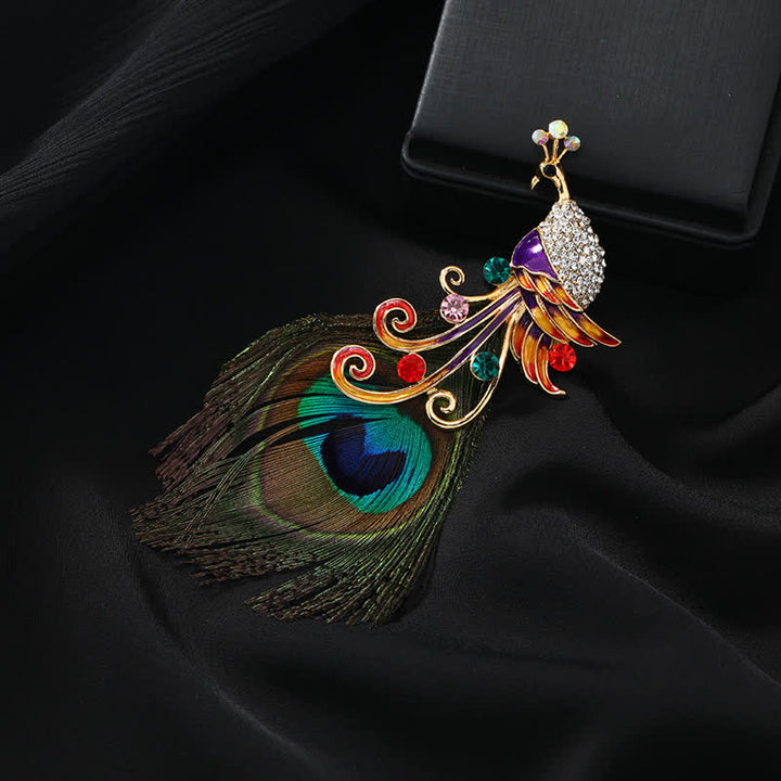 Broche étnico colorido de plumas de pavo real para mujer