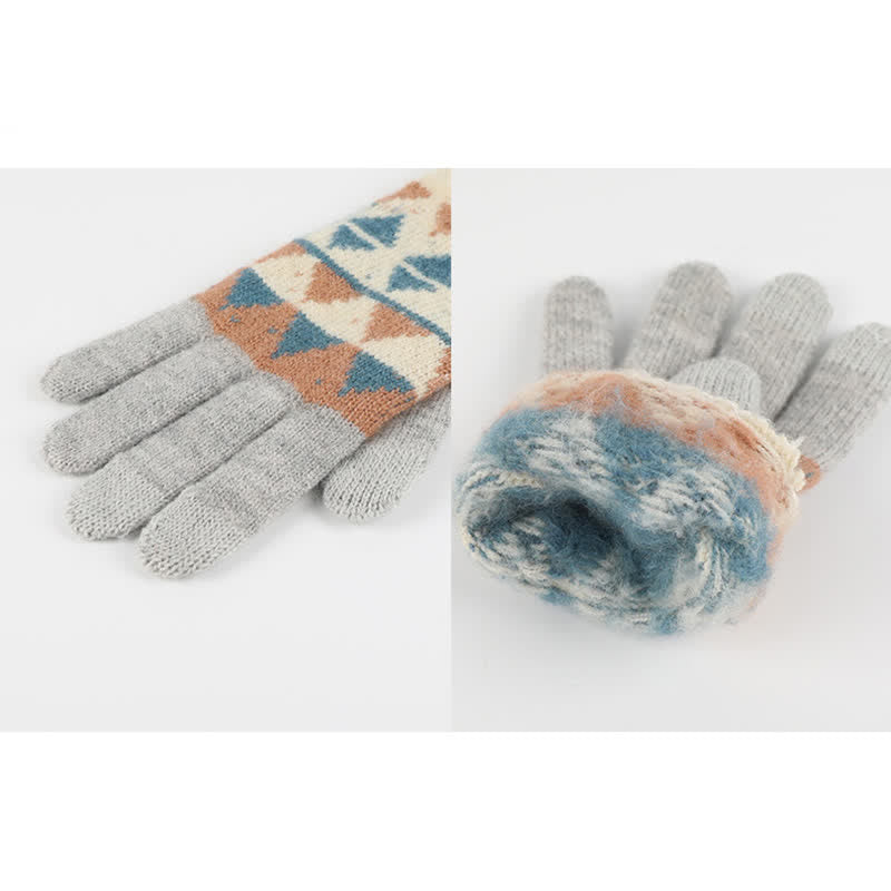 Conjunto de 3 guantes y gorro con estampado de triángulos para mujer