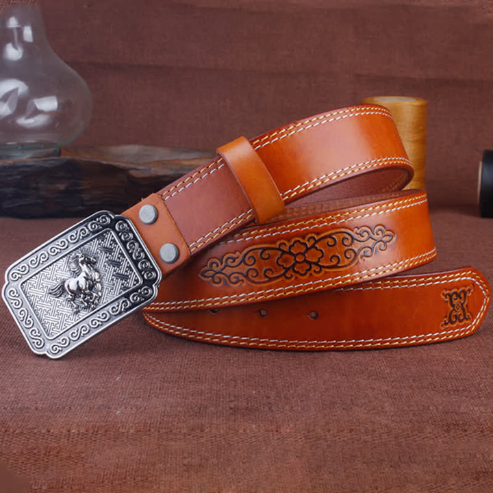 Cinturón de cuero de caballo plateado estilo vaquero étnico para hombre