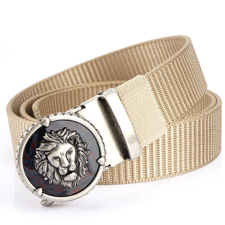 Cinturón de nailon práctico con estampado de cabeza de león para hombre - Beige / Plata - 48" - image 21