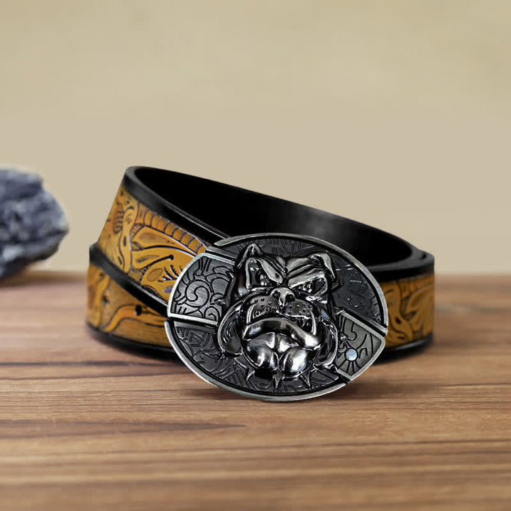 Cinturón de cuero con cuchillo plegable oculto para hombre, hecho a mano con forma de perro feroz