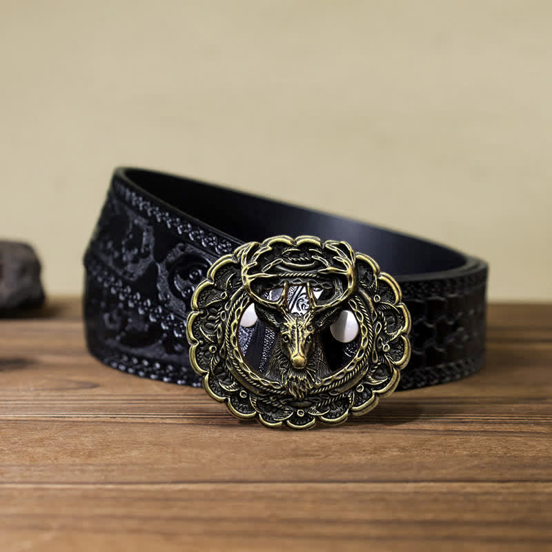 Cinturón de cuero con hebilla de cuerno de alce 3D hueco para hombre hecho a mano