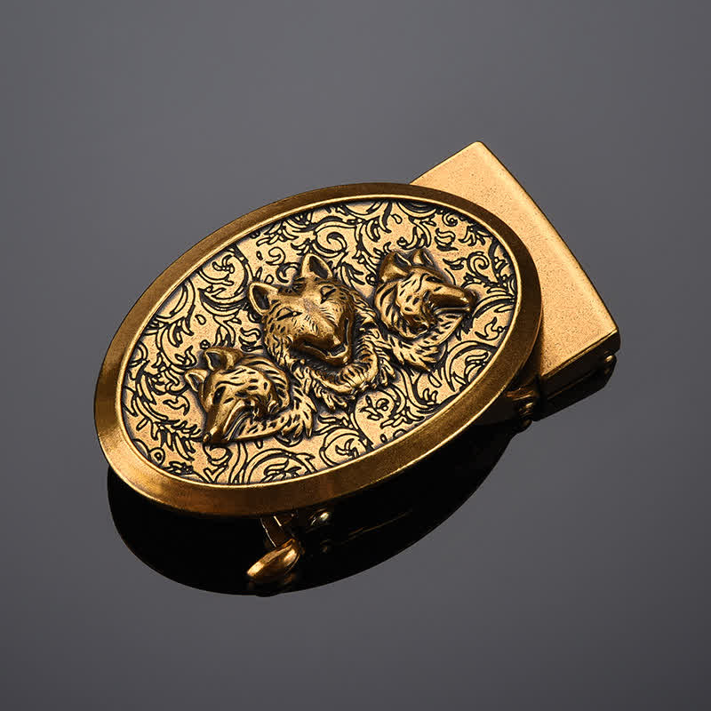 Cinturón de cuero con hebilla automática Hungry Wolves para hombre, hecho a mano