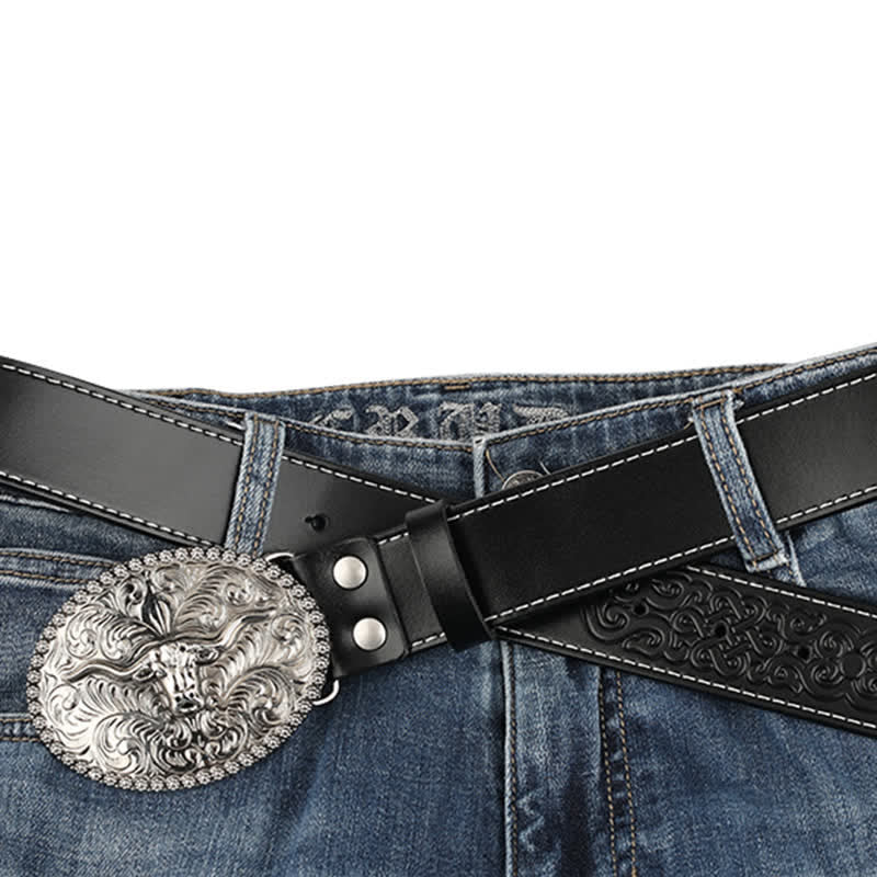 Cinturón de cuero para jeans con pluma grabada de toro para hombre