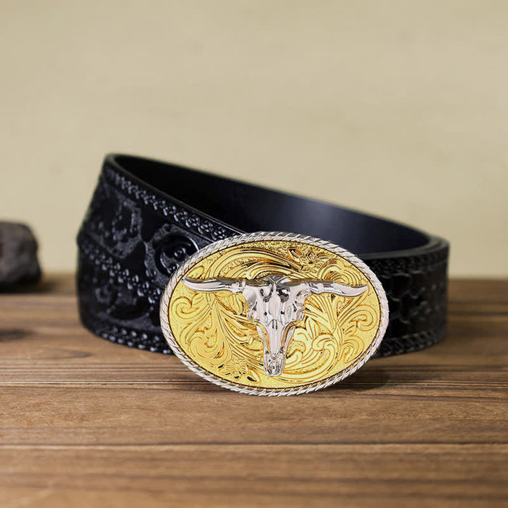 Cinturón de cuero con hebilla de cabeza de toro dorada brillante para hombre hecho a mano
