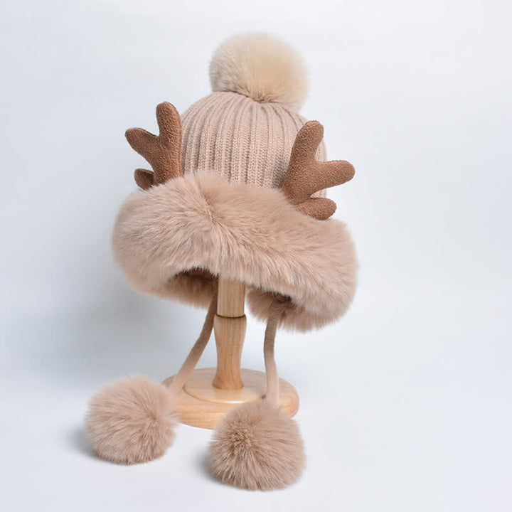 Gorro de punto con pompón de cuerno de ciervo para mujer