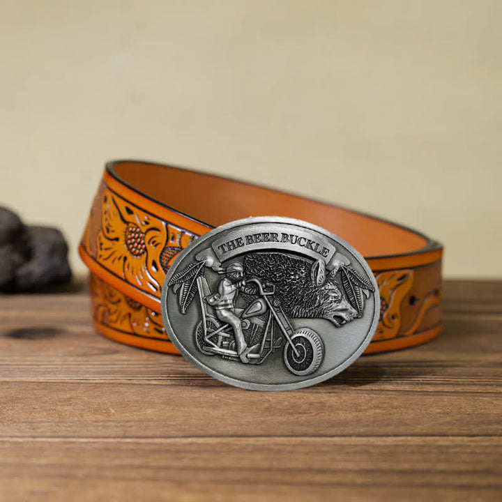 Cinturón de cuero con hebilla para hombre, hecho a mano, con diseño creativo de motocicleta