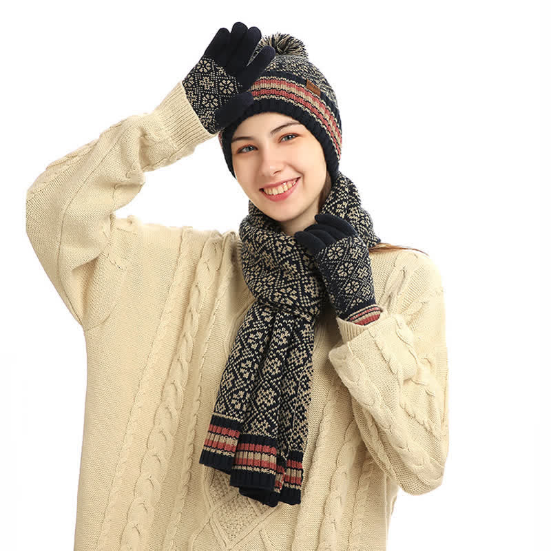 Juego de 3 guantes unisex con pantalla táctil, gorro y bufanda con copos de nieve