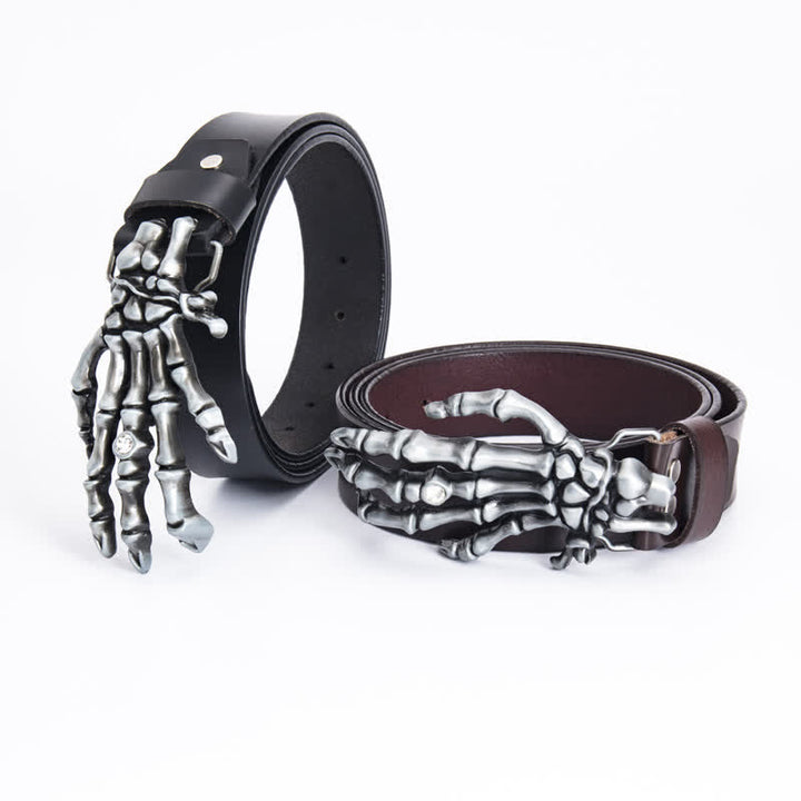 Cinturón de cuero con diseño de mano de esqueleto estilo rock punk para hombre