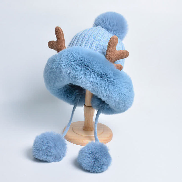Gorro de punto con pompón de cuerno de ciervo para mujer