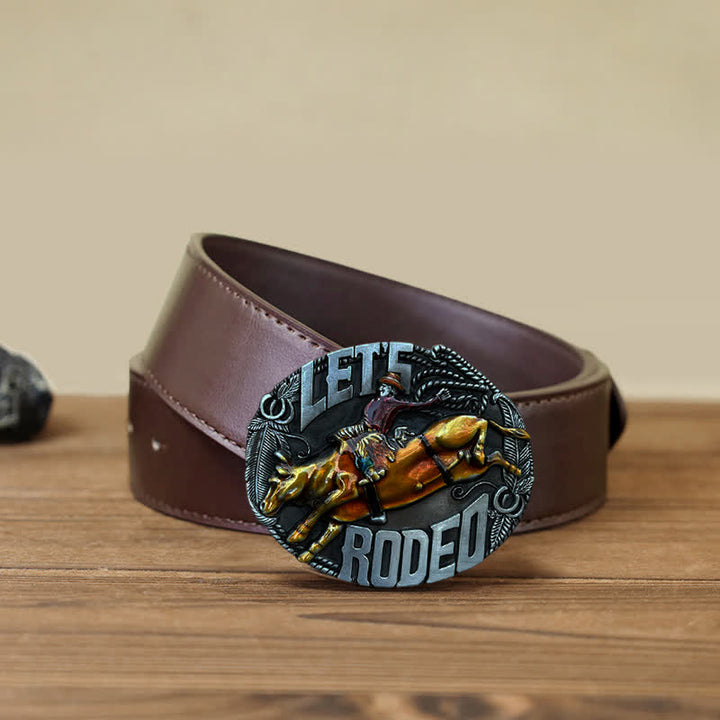 Cinturón de cuero con hebilla de toro esmaltado Let's Rodeo para hombre hecho a mano
