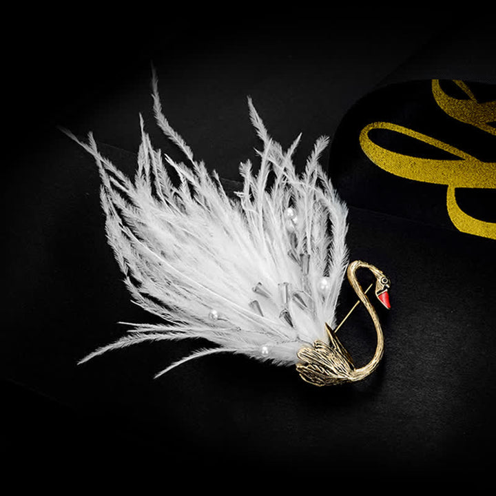 Broche de plumas de cisne de peluche blanco y negro para mujer