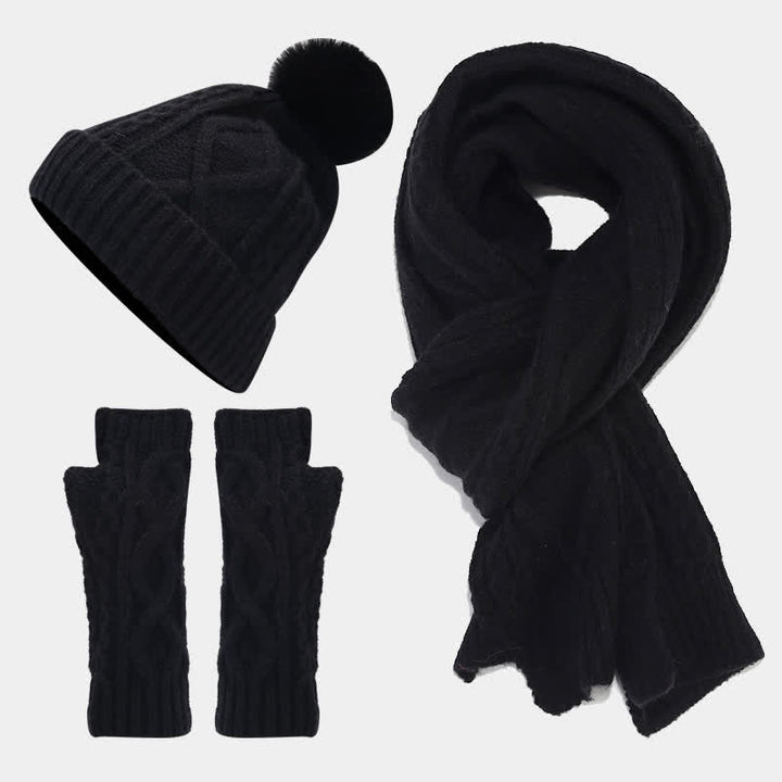 Conjunto de 3 piezas de gorro, bufanda y manoplas sin dedos de punto con cable para mujer