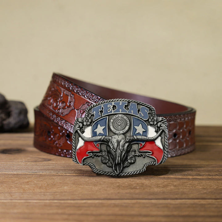 Cinturón de cuero con hebilla de toro Longhorn con bandera de Texas para hombre