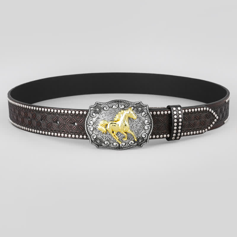 Cinturón de cuero con remaches decorativos con caballo corriendo dorado para hombre