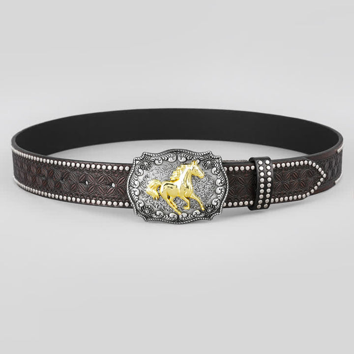 Cinturón de cuero con remaches decorativos con caballo corriendo dorado para hombre