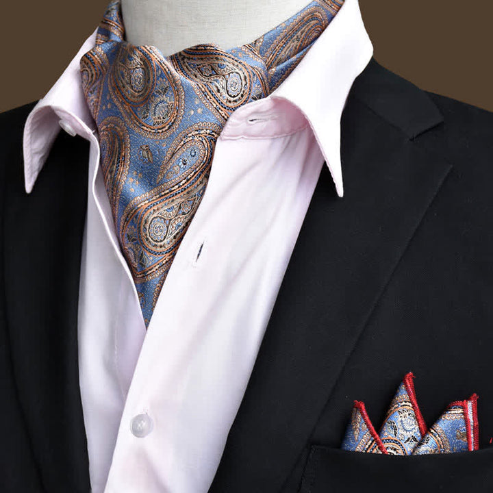 Conjunto de 2 pañuelos de bolsillo y corbata de cachemira con estampado floral de lujo en azul aciano