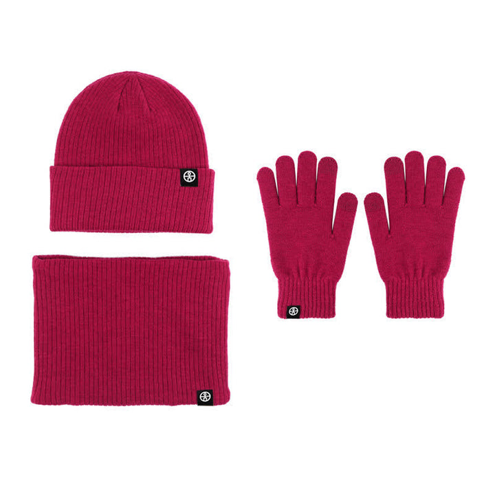 Conjunto de 3 guantes y gorro unisex de color liso, suaves, con bufanda