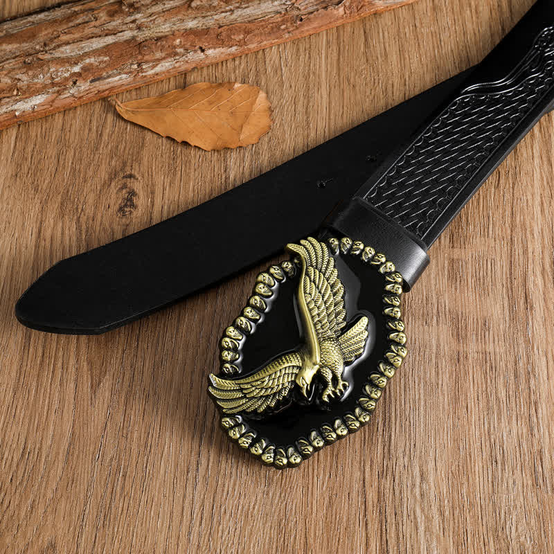 Cinturón de cuero con águila dorada antigua y halcón volador para hombre