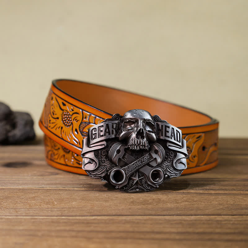 Cinturón de cuero con hebilla de calavera de pistón para hombre, hecho a mano con Gear Head